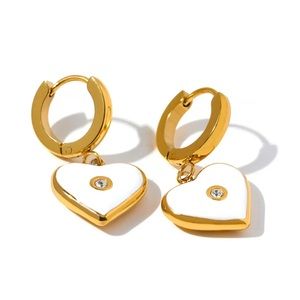 ◾️18K Gold Plated White Enamel Heart Pendant Earrings